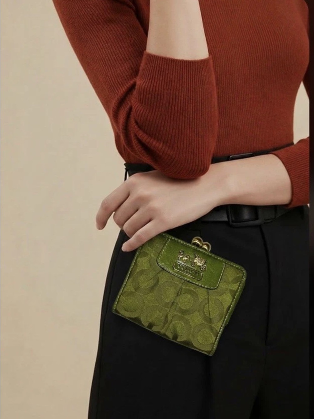 Coach Wallet with Kiss-Lock Coin Purse, Grass Green Optic Art, Brass Trim, NWOT - Picture 2 of 7